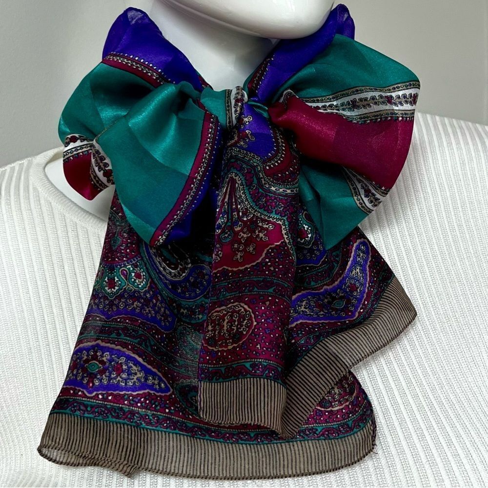 Vintage 80s Moody Jewel Toned Baroque Ornate Print Scarf Made in Italy